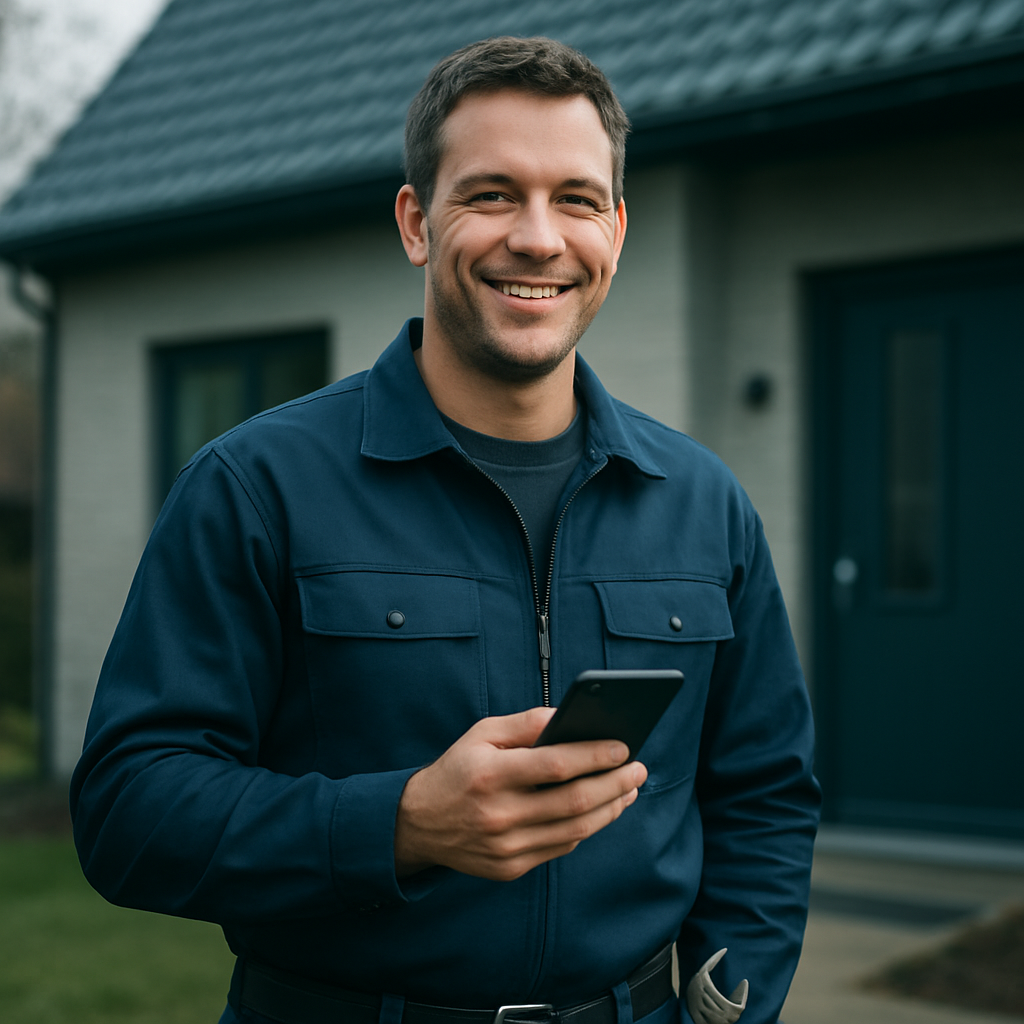 Servicemonteur op locatie die een offerte bekijkt op zijn smartphone